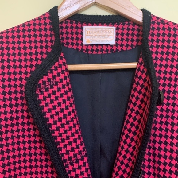 Pendleton Vintage Raspberry Red Black Houndstooth Wool Button Blazer Jacket 10 - Picture 13 of 17
